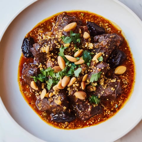 Aromatic Moroccan lamb tagine with prunes and almonds, perfect for a cozy, flavorful meal.