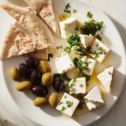 A photo shows a Turkish Olives & Cheese Board, brimming with olives, cheeses, and warm pita.