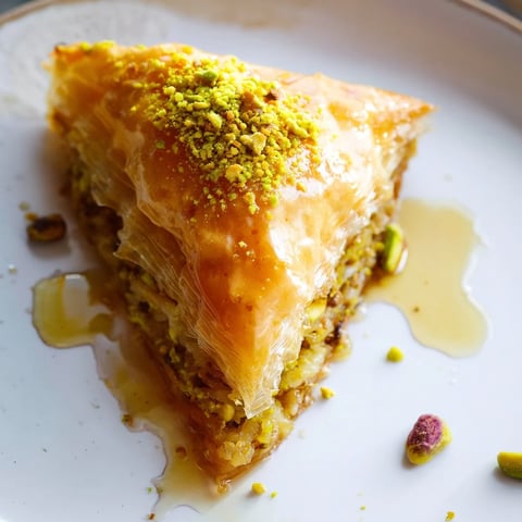 Golden Turkish Hazelnut & Pistachio Baklava, a sweet treat drizzled with honey syrup.