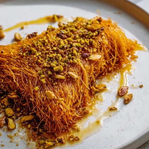 Golden-brown Egyptian Konafa, a sweet dessert layered with spiced nuts and honey syrup.