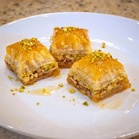 Golden, flaky Turkish baklava glistening with sweet honey syrup, a traditional dessert.