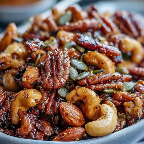 Frisch gebackene Spiced Nuts and Seeds Mix mit goldenen Mandeln und Kürbiskernen aus dem Ofen.