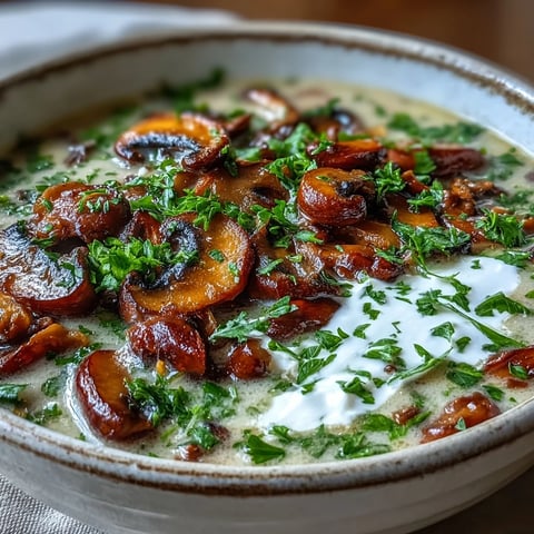 Cremige Pilz-Stroganoff-Suppe mit Petersilie und einem Klecks Sahne im Teller