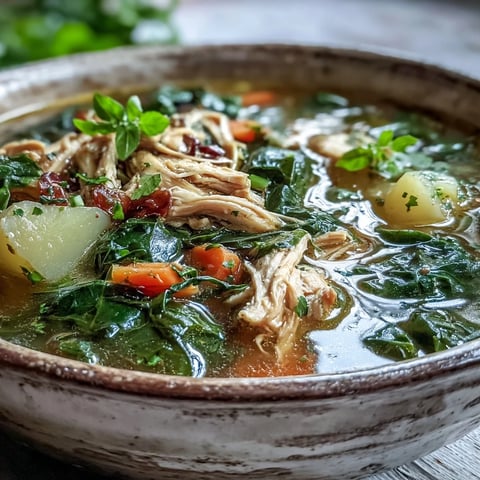 Collard Greens, Chicken and Vegetable Soup mit geschmortem Hähnchen, Kartoffeln und grünen Blättern in einer klaren Brühe.