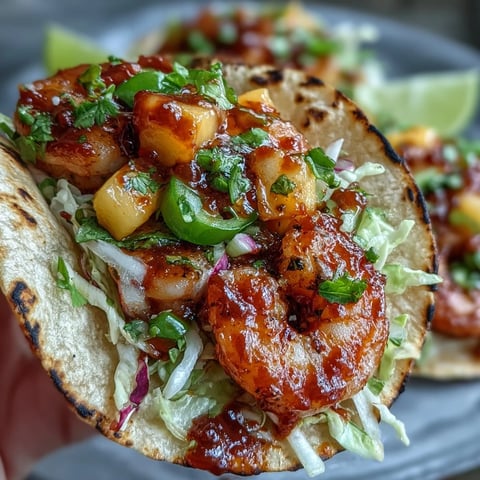 Sriracha Shrimp Tacos with Mango Salsa on a wooden board with red cabbage and lime wedges.