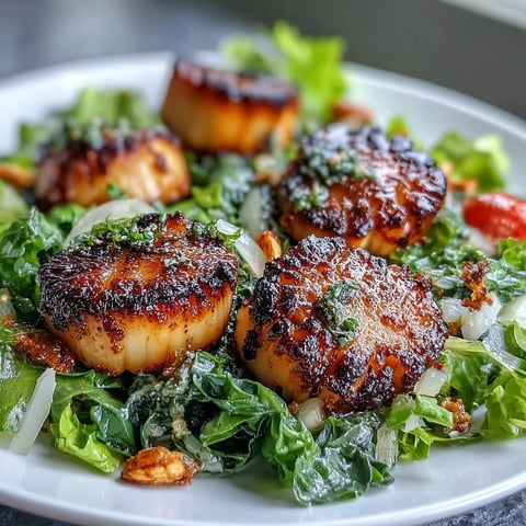Goldene, geschmolzene Seared Scallops auf einem Bett aus knapper Escarole, garniert mit Kirschtomaten und Parmesan.
