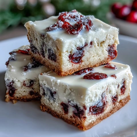 Golden-baked Cranberry Bliss Bars with creamy orange frosting and white chocolate drizzle, arranged on a festive platter.