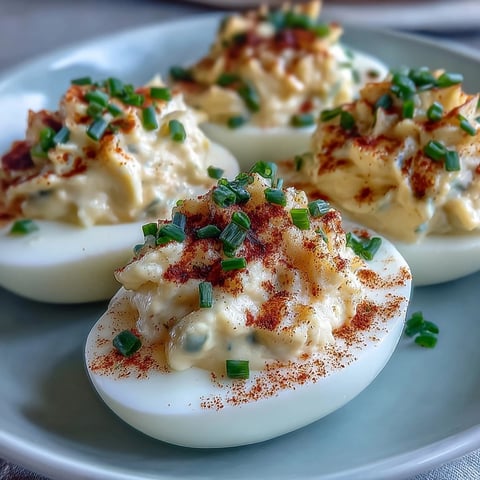 Million Dollar Deviled Eggs garnished with paprika and fresh chives on a serving platter, ready to enjoy.