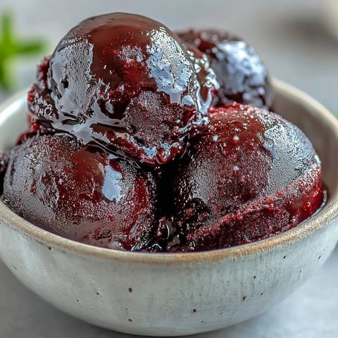 Eine Schale mit glatter, rubinroter Black Currant Sorbet, garniert mit frischen schwarzen Johannisbeeren und einem Zitronenzest.