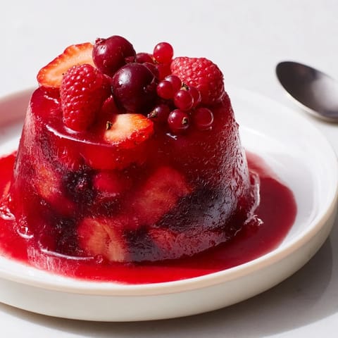 Ein klassischer roter-Beeren-Pudding, der frisch zubereitet und sättigend ist.  