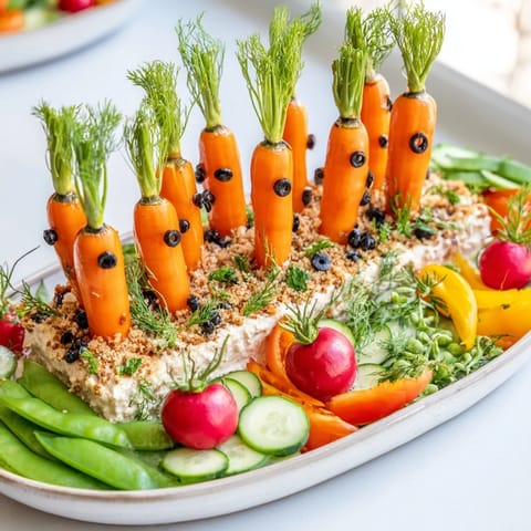Fresh vegetables arranged as a whimsical Carrot Patch Veggie Board, ready for your spring table.