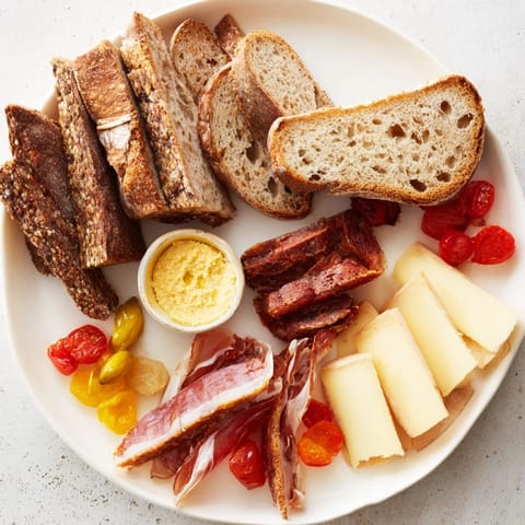 Alpine snack board Plancha Montagne Aventure collation, featuring cheeses, meats and fruit, ready to eat.