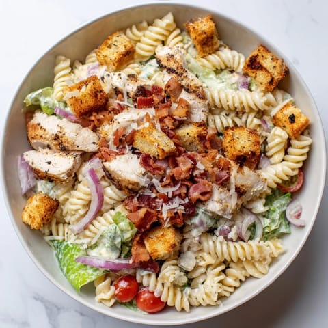 A close-up of a Chicken Caesar Pasta Salad, showcasing tomatoes, bacon, and Parmesan.