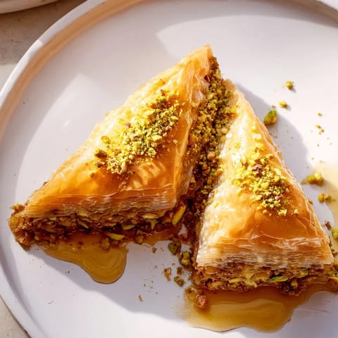 Close-up of crispy, nut-filled Turkish Baklava, a delicious dessert with golden layers.