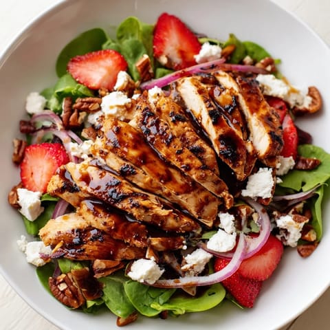 Genieße die Honey Balsamic Chicken Salad mit saftigem Hähnchen, süßen Erdbeeren und honigbalsamico-Dressing auf grünem Salat.