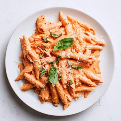 Creamy Roasted Red Pepper Pasta with fresh basil and extra Parmesan on a white plate.