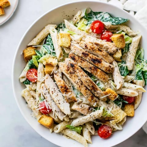 A vibrant Caesar Pasta Chicken Bowl with grilled chicken, al dente pasta, and crisp romaine, tossed in creamy dressing.