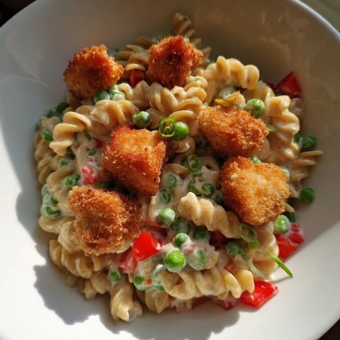 Crispy chicken ranch pasta salad with golden breaded chicken, peas, and creamy ranch dressing on a picnic table.