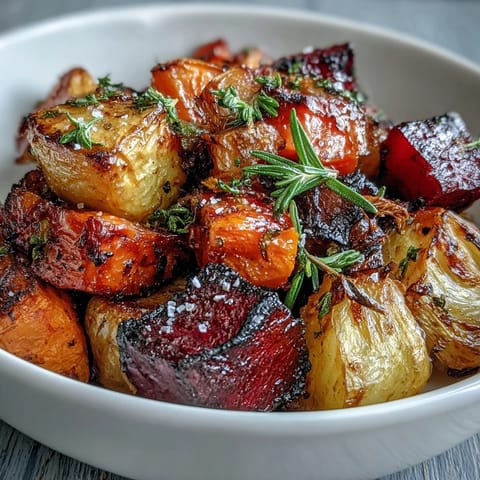 Strahlendes geröstetes Wurzelgemüse-Medley, karamellisiert und mit Kräutern verfeinert.