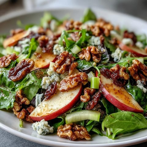 Dekorativer Apfel-Walnuss-Salat mit Blauschimmelkäse, servierfertig als leichte Vorspeise.