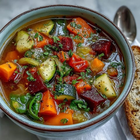 Steam rises from this vegan Rainbow Vegetable Detox Soup, featuring diced carrots and zucchini in a rich broth.