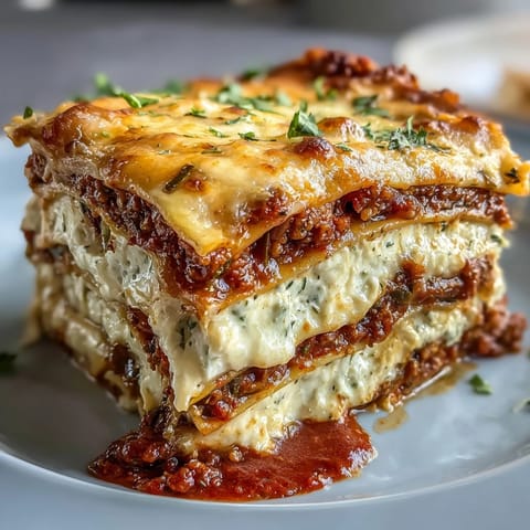 Cheesy, golden One-Pan Smoky Veggie Lentil Lasagne in a cast-iron skillet