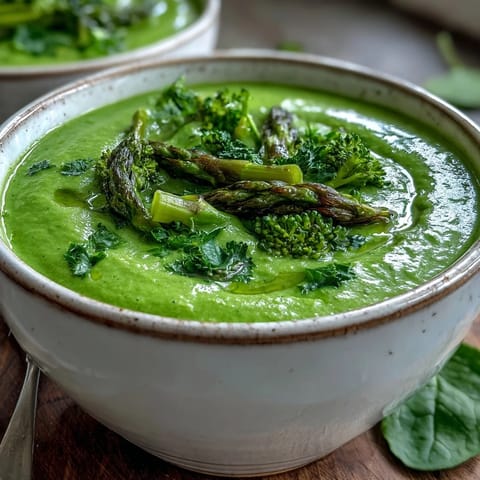 Close-up of Big Green Immunity-Boosting Vegetable Soup garnished with lemon slices and cashews, steaming and velvety.