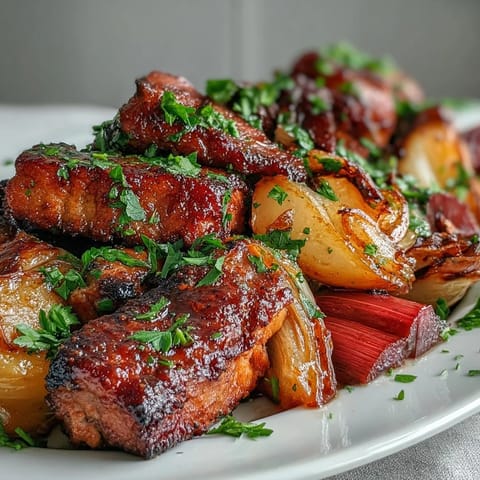 Oven-roasted Pork and Aromatic Rhubarb Traybake with tender meat and caramelized fruit slices on a rustic platter.