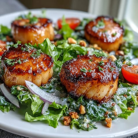 Frisch geschmorter Seared Scallops mit leuchtend grüner Escarole und cremiger Pesto-Vinaigrette auf einem Teller.
