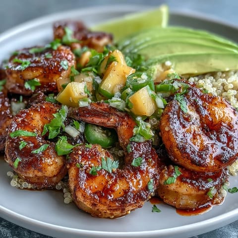 Gegrillte Shrimps auf nussigem Quinoa, flankiert von cremigem Avocado und knackiger Mango-Salsa, veredelt mit einer spritzigen Limetten-Chili-Soße.
