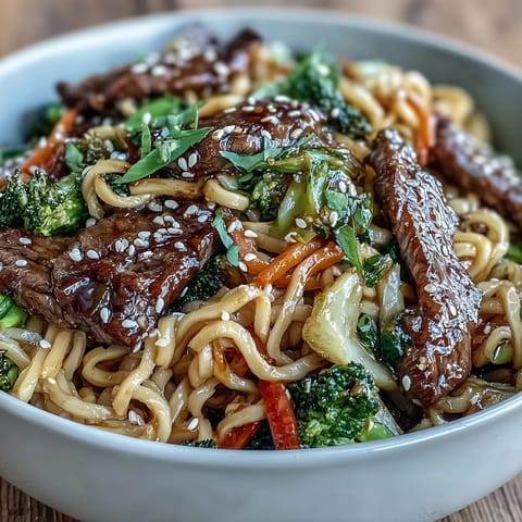 Frisch gekochte Korean Beef Noodles mit glasiertem Fleisch, buntem Gemüse und Sesam garniert auf Holzplatte.