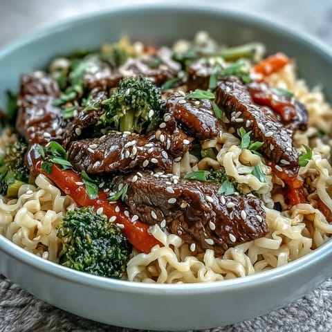 Goldener Nudeltopf mit Rindfleisch: Gar knuspriges Gemüse und zarter Rinderstreifen in würziger Soße glänzen auf Teller.