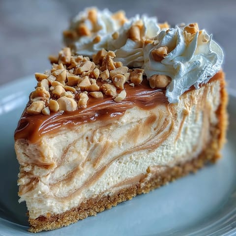 Ein cremiges Nutter Butter Cheesecake mit einer Knusperbasis aus zerkleinerten Keksen, verziert mit gehackten Erdnüssen und luftiger Schlagsahne, perfekt für süße Anlässe.