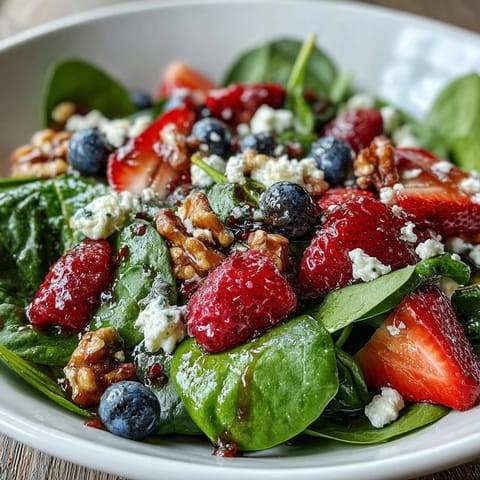 Frischer Spinat-Beeren-Salat mit zerbröseltem Ziegenkäse und gerösteten Nüssen in einer Schüssel.