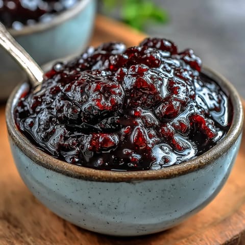 Glossy black currant reduction sauce simmered with red wine and herbs, drizzled over roasted duck on a rustic plate.