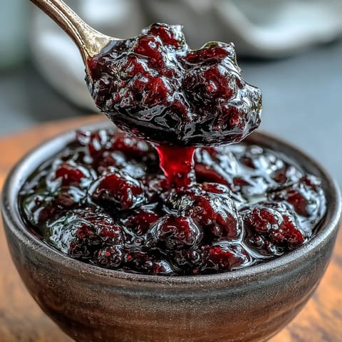 Thick, ruby-hued black currant reduction with a swirl of butter, spooned beside slices of charcuterie on a wooden board.