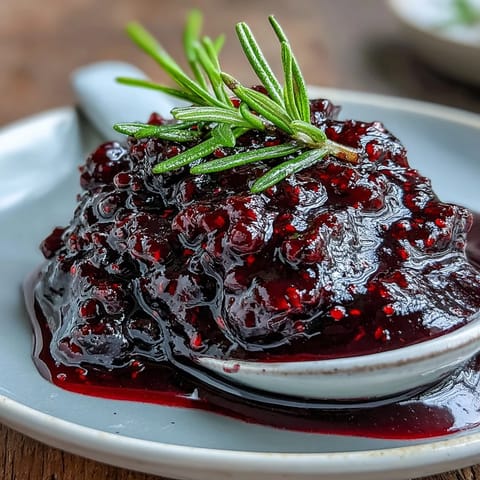 Eine dunkle, glänzende Schwarze Johannisbeeren und Rosmarin Reduktion neben gebratenem Entenbraten serviert.