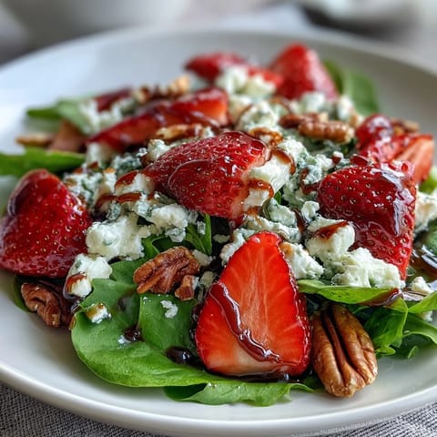 Frische Erdbeer-Arugula-Salat mit Ziegenkäse und Balsamico-Glasur – farbenfroh, aromatisch und perfekt für den Frühling.