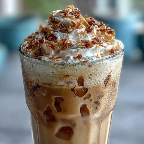 Iced Vanilla Bean Frappuccino mit geröstetem Kokosnuss-Schaum, cremig und erfrischend mit echten Vanille-Samen und goldbraunem Kokos-Schaum.  