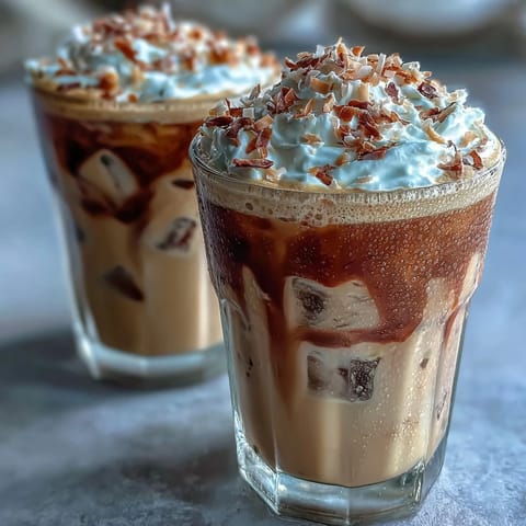 Kalter Vanille-Bohnen-Frappuccino mit geröstetem Kokosnuss-Schaum, perfekt für heiße Sommertage mit cremigem Kaffee-Geschmack.  