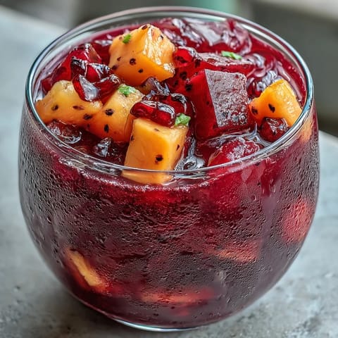 1. Vibrant homemade mango dragonfruit refresher with tropical fruit cubes and citrus, served over ice for a refreshing summer drink.  