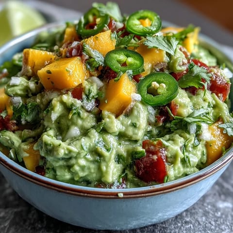 Leuchtend grünes Guacamole mit süßen Mangostücken und scharfen Jalapeño-Stücken, perfekt für festliche Anlässe.