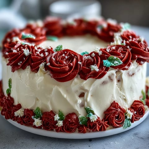 Festlicher Abschlussboden mit Buttercremerosen, dekoriert mit farbenfrohen Blüten und Blättern.  