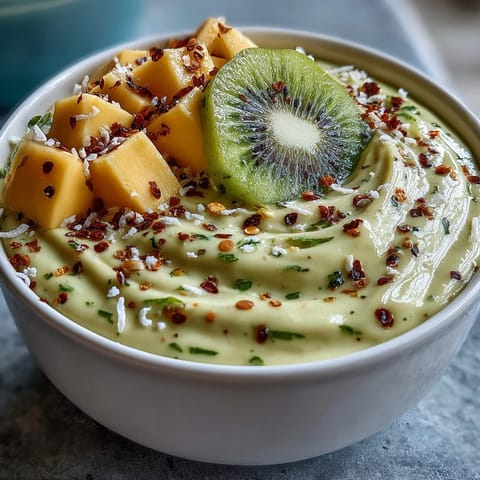 Tropische Mango Chili Limette Smoothie Bowl, garniert mit Früchten und Kokos.