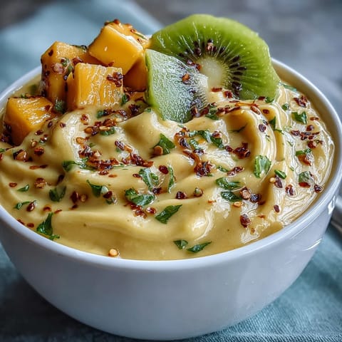 Erfrischende, farbenfrohe Mango Chili Limette Smoothie Bowl mit knackigen Toppings und Chili.