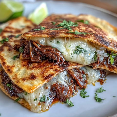 Perfekt gebräunte Cinco de Mayo Birria Quesadillas mit würzigem Consommé-Dip.