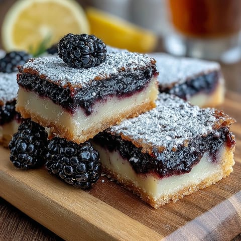 Saftige Brombeer-Zitronen-Riegel mit Mürbeteigboden, perfekt zum Servieren.
