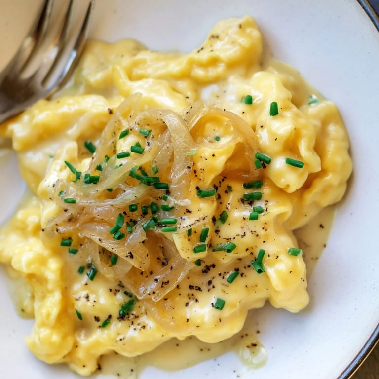 Goldbraune Käse-Spätzle mit karamellisierten Zwiebeln, dampfend heiß und einladend serviert.