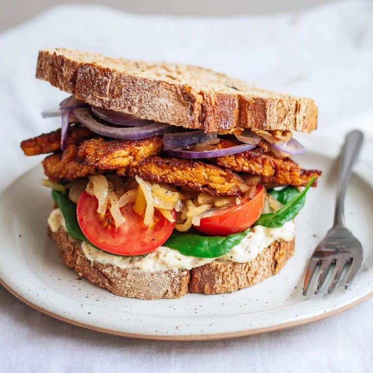 Zufriedenstellende Tempeh Bacon und Caraway Kraut Sandwiches mit cremiger veganer Mayonnaise