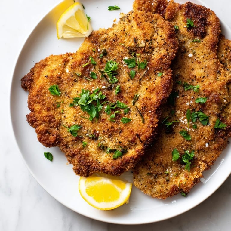 Up-close shot: delicious air fryer Wiener Schnitzel, a quick and easy Austrian meal for any night.